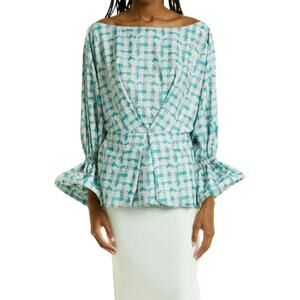 Kimberly Goldson Sola Plaid Bell Sleeve Blouse Blue Plaid Medium NWOT $348 MSRP